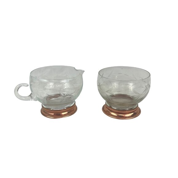 Etched Glass and Copper Base Vintage Glass Creamer and Sugar Bowl Set With Coppe - Picture 2 of 8